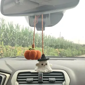 6pcs Crochet Ghost & Pumpkin Rear View Mirror Hanging Car Charm Handmade Cute Spring Summer Cozy Season Road Trip Ornament Amigurumi