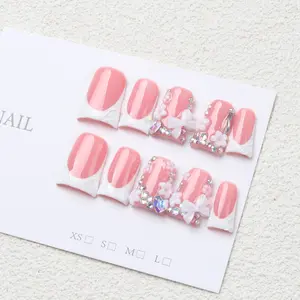 10-Piece Y2K Duckbill Shape French False Nails Set, Reusable Handmade Fake Nails, Bow Design, Rhinestone Decor, Perfect Gift, Nails Press Ons