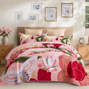 3 Piece Pink Boho Floral King Size Sets Farmhouse Botanical Reversible Lightweight Bedspread with 2 Shams Microfiber Bedding Set for All Season,106''x96''