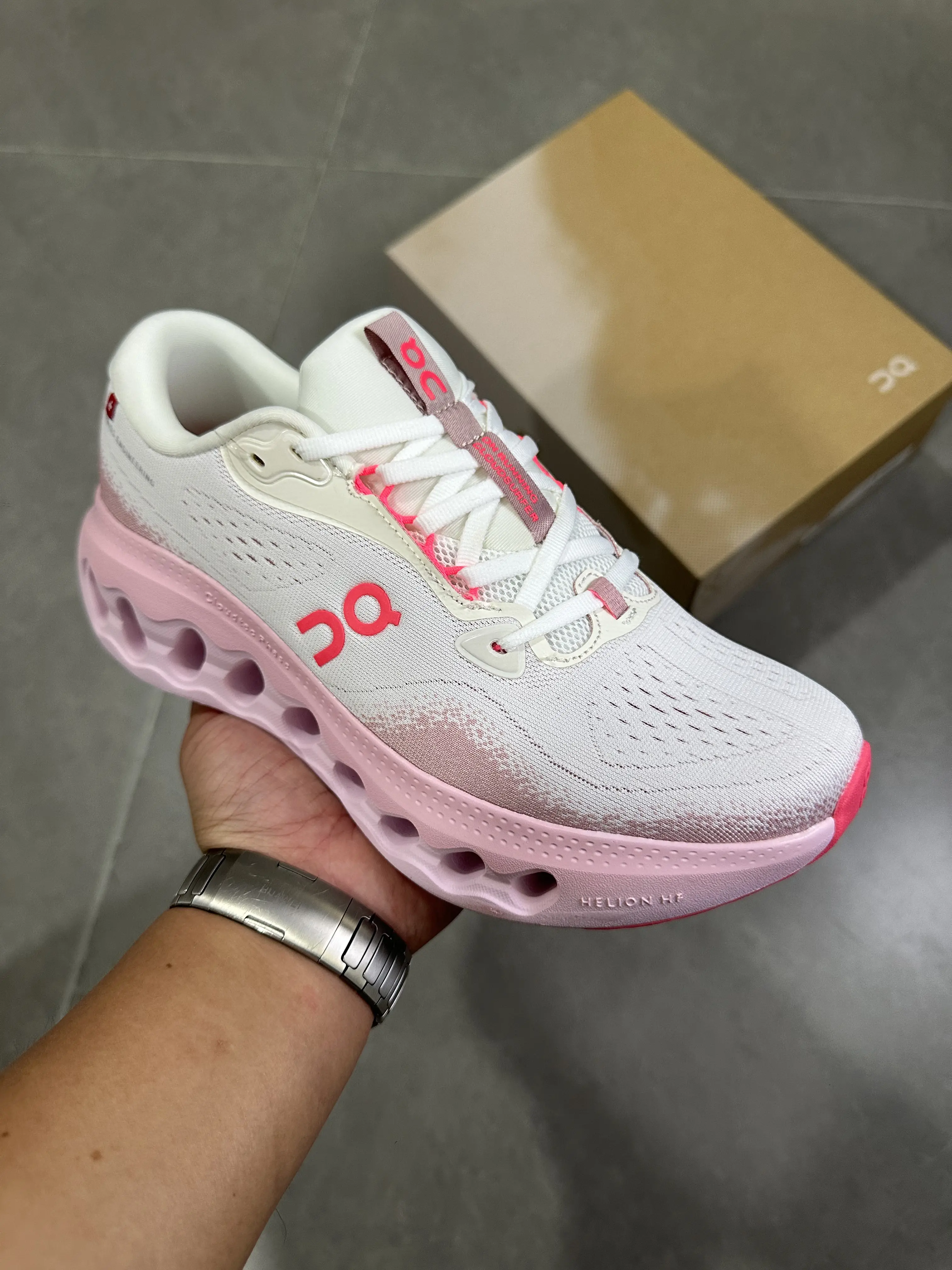 Off‑White Pink Knit Mesh Running Sneakers, Hollow Thick Cushioned Sole, Lightweight Breathable Athletic Workout Shoes