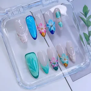 Colorful 3D Flowers Fake Nails, Handmade 3D Flower & Hand Drawn Design And Sparkling Rhinestone Decor Almond-Shaped Press On Nails, 10pcs/set Glossy Y2K Style Handmade Press On Nails, For Women & Girls DlY Nail Art, Perfect for Daily Wear. Nail Supplies