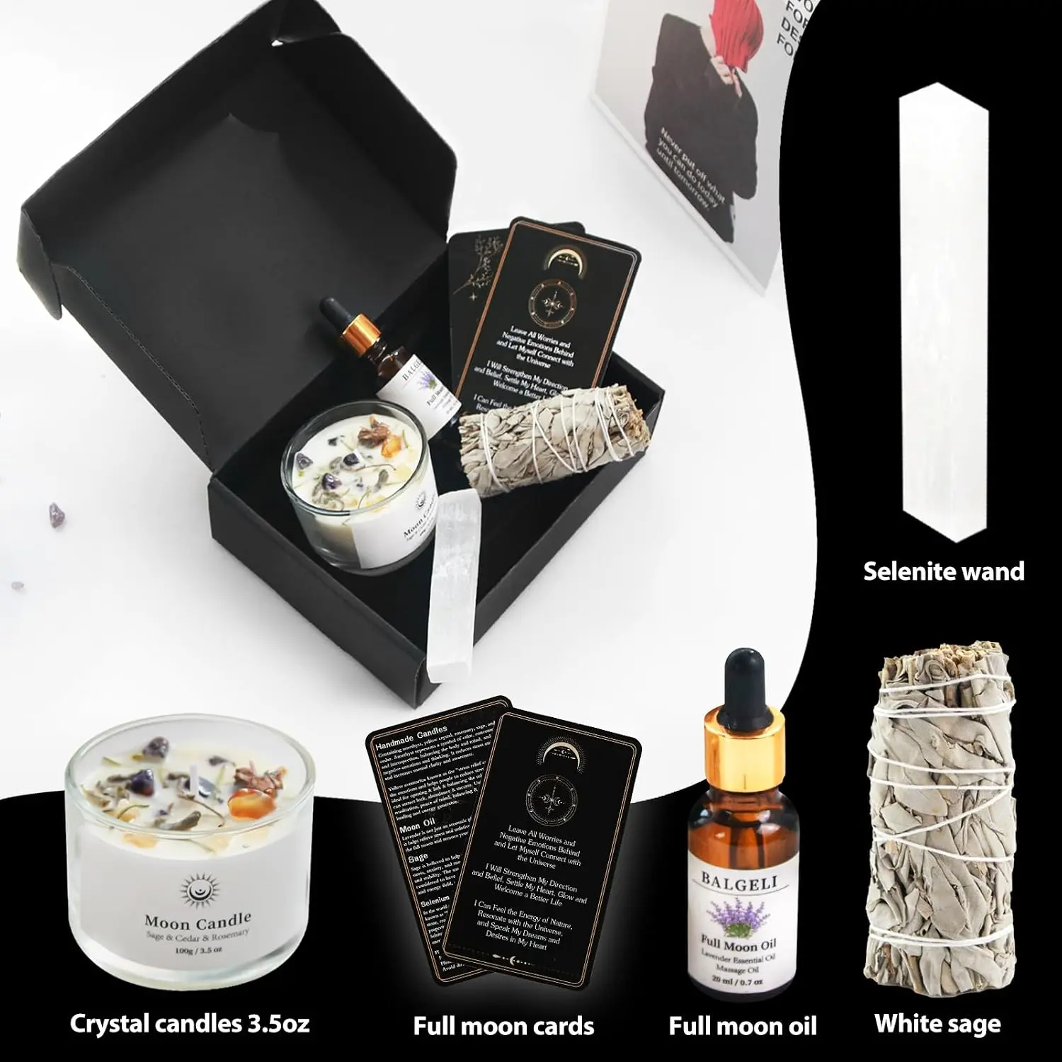 Spiritual Self Care Energy Gift Set, Chakra Meditation Accessories Cystal Sage Moon Candles House Warming Gifts for Women Cleansing Negative Energy Initiation Kit for Reiki Starter Meditator
