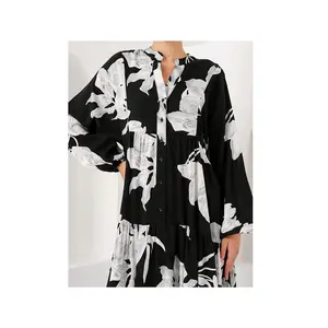 Arab Muslim Middle East Black Dress Elegant Temperament Noble Robe Flower Printed Long Shirt French