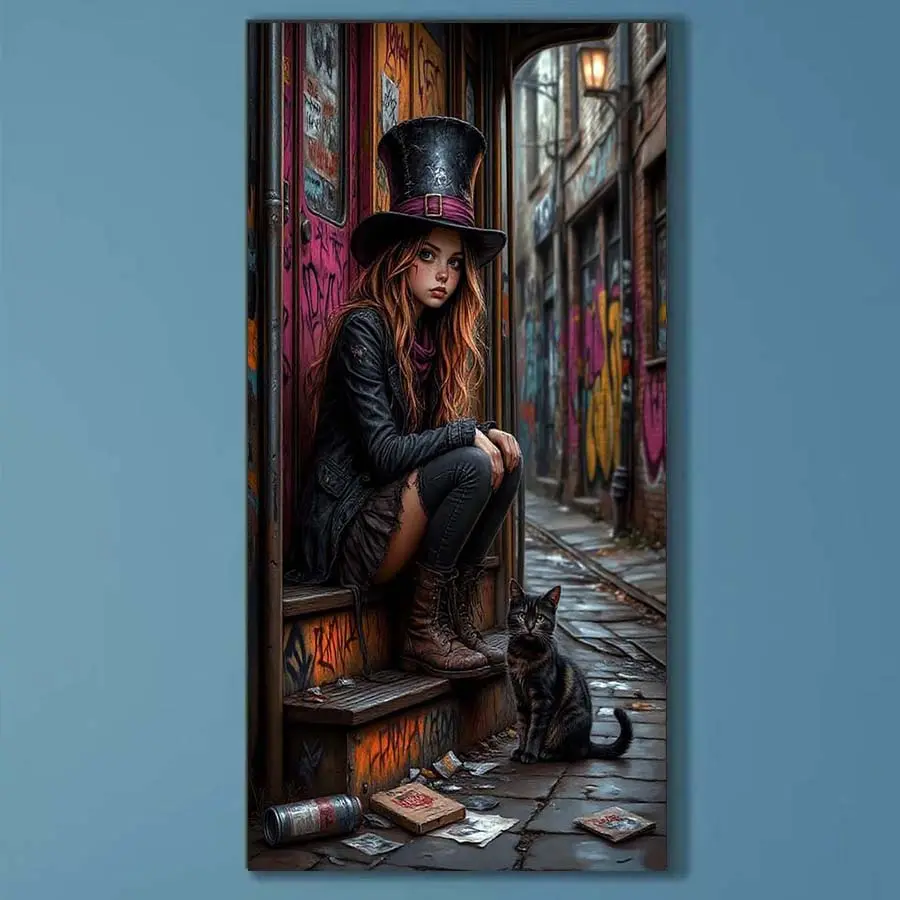 5D DIY Full Drill Round Diamond Painting - Diamond Art Kit Alley, Cat, Graffiti. Mosaic, Canvas - DIY Craft Decor, Home Wall Art, Suitable for Halloween, Christmas, Birthday and Anniversary Gifts. Diamond Painting Kits