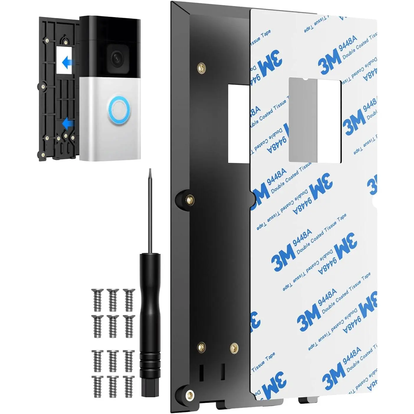 No-Drill Ring Doorbell Mount - Heavy-Duty Adhesive Bracket, No-Drill Mounting Plate Holder with Tool-Free Setup, Renter-Friendly for Home Security, Compatible with Ring Video Doorbell 1/2/3/3 Plus/4/(2020 Release) with Manufacturer Warranty, Ring Video Do