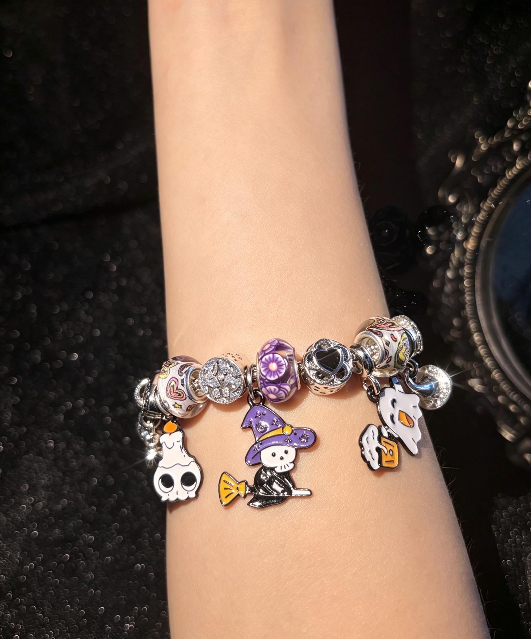 Spooky Cute Halloween Charm Bracelet, Silver Tone Snake Chain Bracelet, Witch Broom Ghost Skull Candle Enamel Dangle Charms, Fun Colorful Large Hole Beads, Halloween Party Costume Jewelry Gift for Her