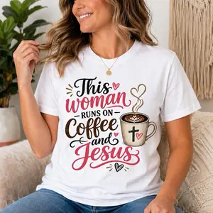 This Woman Runs on Coffee and Jesus Black T-Shirt with Heart and Cross Design