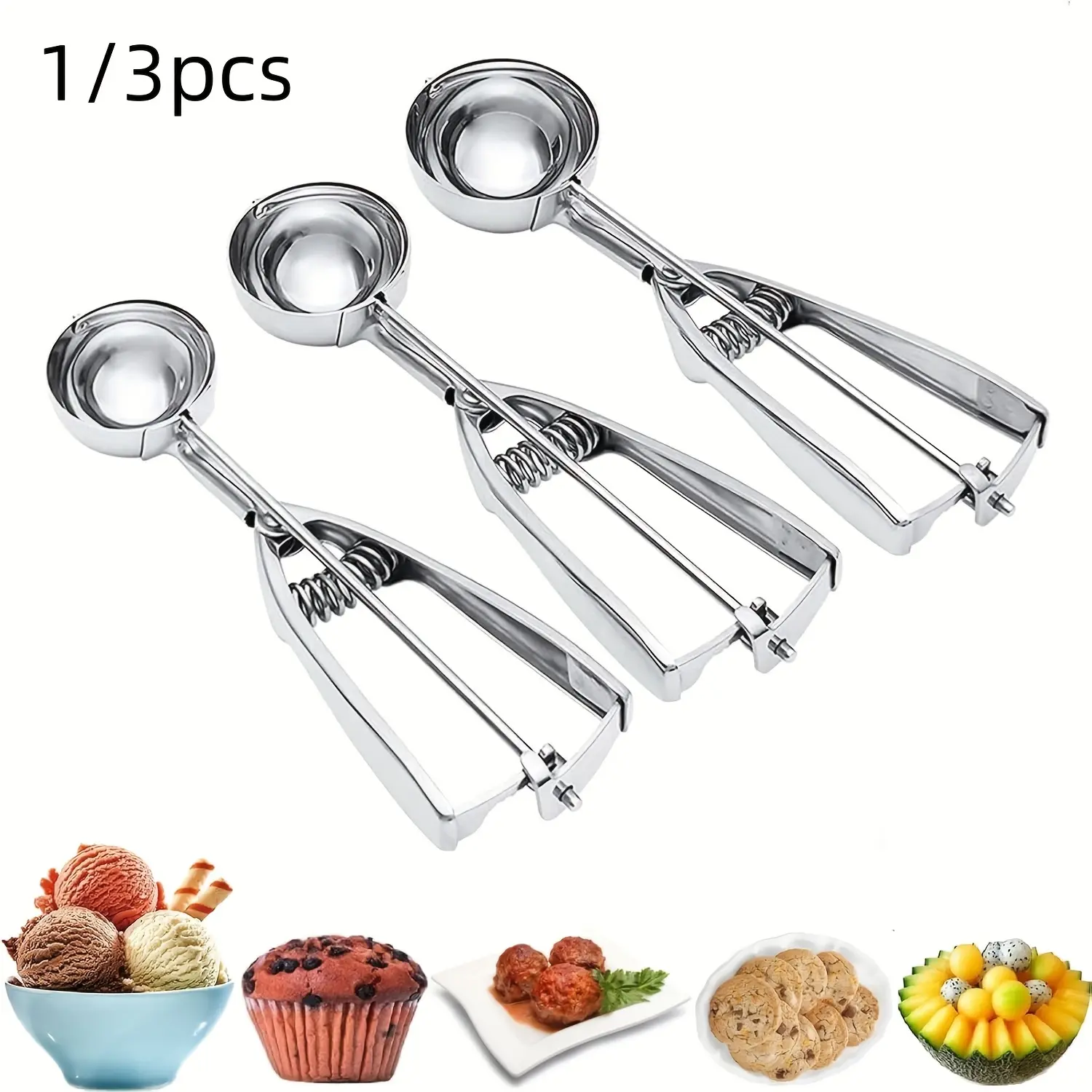 Stainless Steel Ice Cream Scoop Set, Sleek Scoop, 1/3 Counts Cookie Dough Scoop, Ice Cream Scoop, Kitchen Utensils, Kitchen Gadgets, Kitchenware for Baking, Cooking, Mixing
