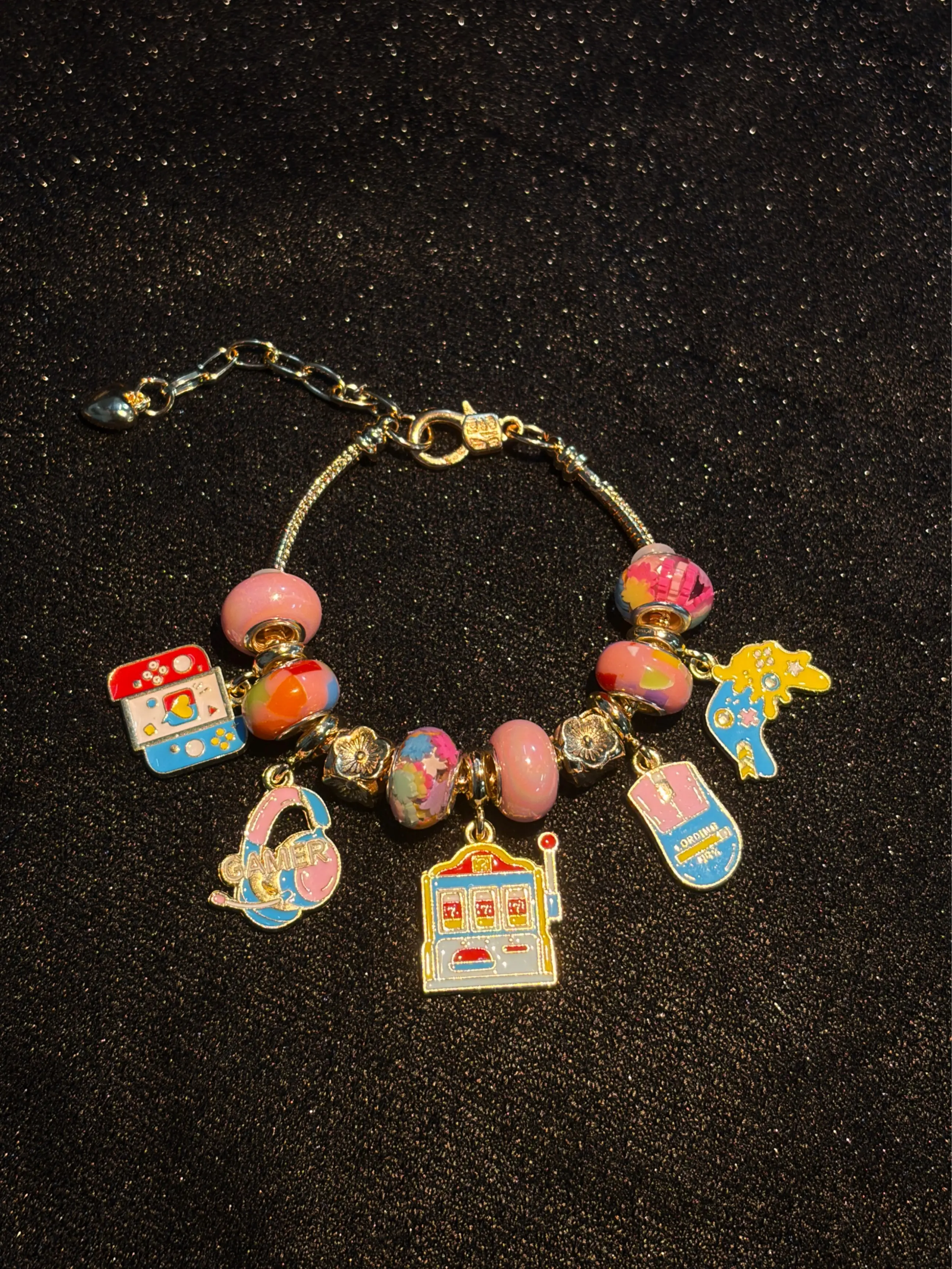 Gold Tone Tech Hobby Enamel Charm Bracelet, Colorful Fun Hobby Beaded Bracelet with Adjustable Extender Chain, Whimsical Unique Jewelry Gift