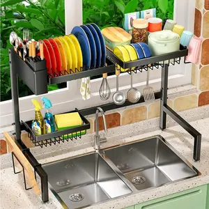 2-Tier Over The Sink Dish Drying Rack, Kitchen Organiser for Most Sinks, Adjustable Design, Ideal for Kitchen Use Cabinet