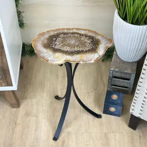 Natural Brazilian Agate Side Table on a black metal base, 21.5" Tall #1305-0173
