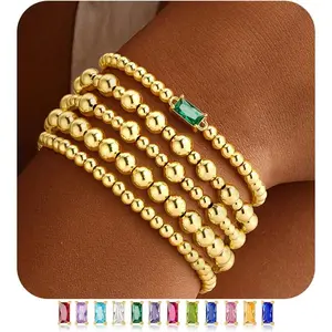 Valentines Day Gifts for Teen Girls, Dainty 5PCS Layered Emerald 14K Gold Plated Beaded Birthstone Bracelets Set Trendy Waterproof Stackable Jewelry Birthday Valentines Gifts for Women Wife