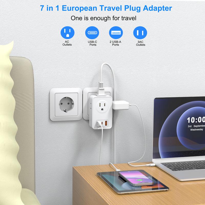 European Travel Plug Adapter USB C, International Plug Adapter with 4 AC Outlets and 3 USB Ports for US to Most of Europe Spain Italy France Germany.