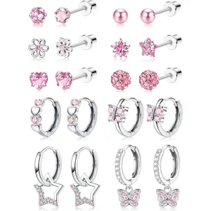 Cute silver earring set, hypoallergenic surgical steel earrings, heart-shaped butterfly flower design, perfect for women and girls, earrings