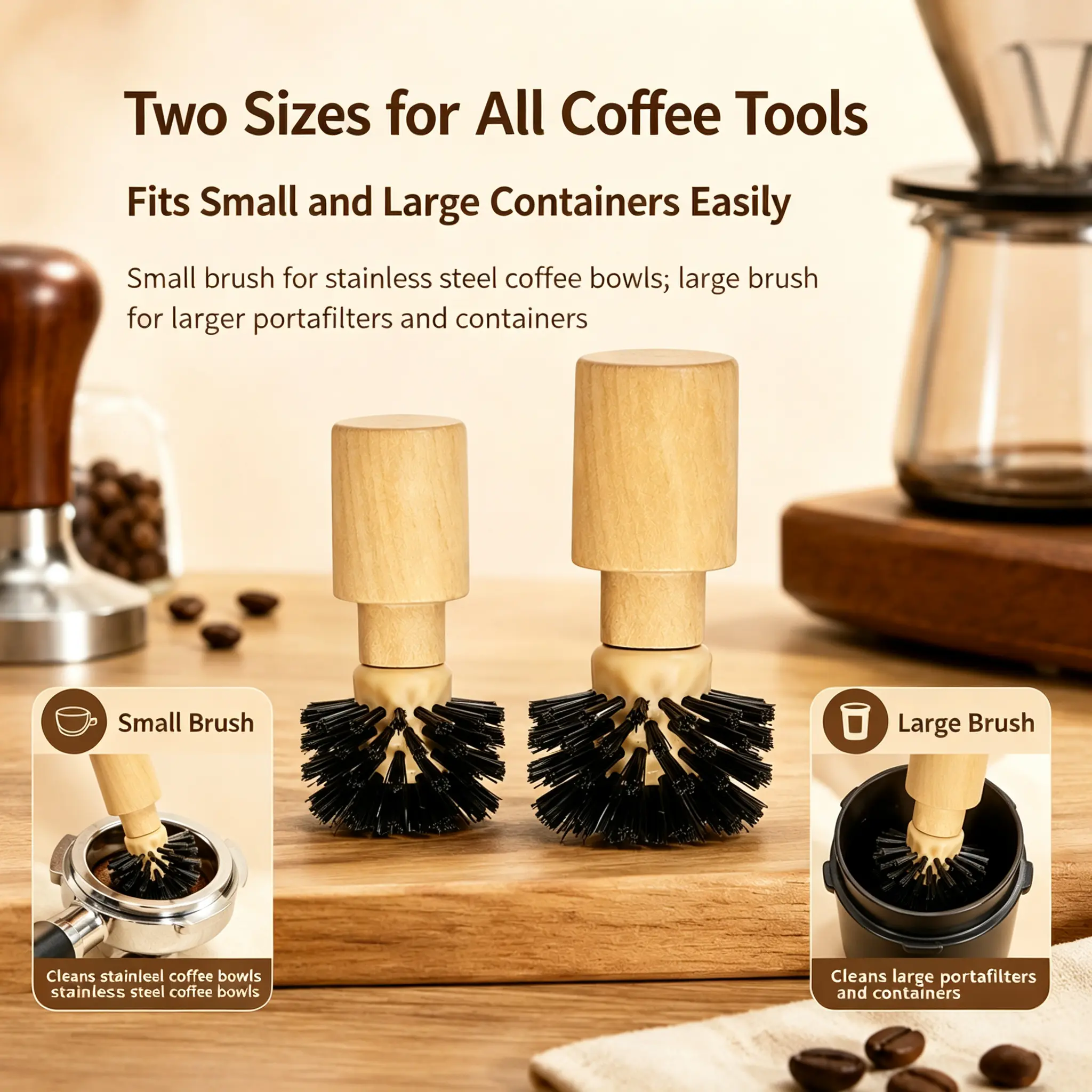 Wood Handle Coffee Portafilter Cleaning Brush 360° Round Head Coffee Grinder Residue Cleaner Brush Anti-Scratch Espresso Machine Cleaning Tool with 2 Sizes
