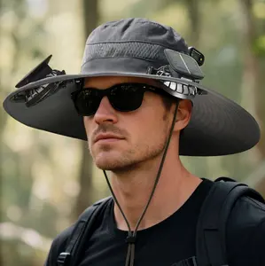 solar powered outdoor fishing hat with double fans-breathable textile material, usb charging, sunscreen, woven fabric-Ideal for summer hiking and camping
