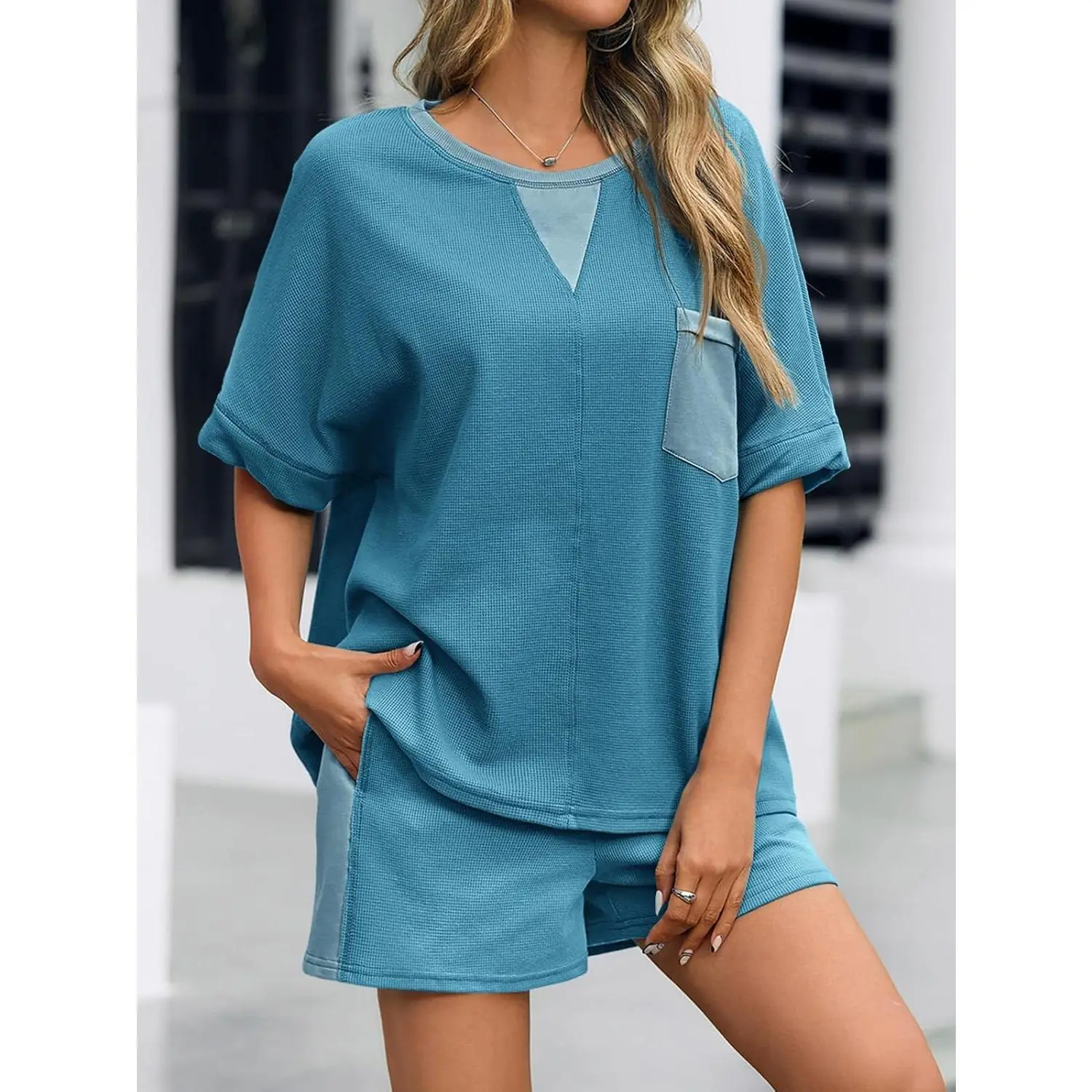 Imily Bela Womens Summer Waffle Knit 2 Piece Outfits Oversized T Shirt Casual Shorts Loungwear Short Sets