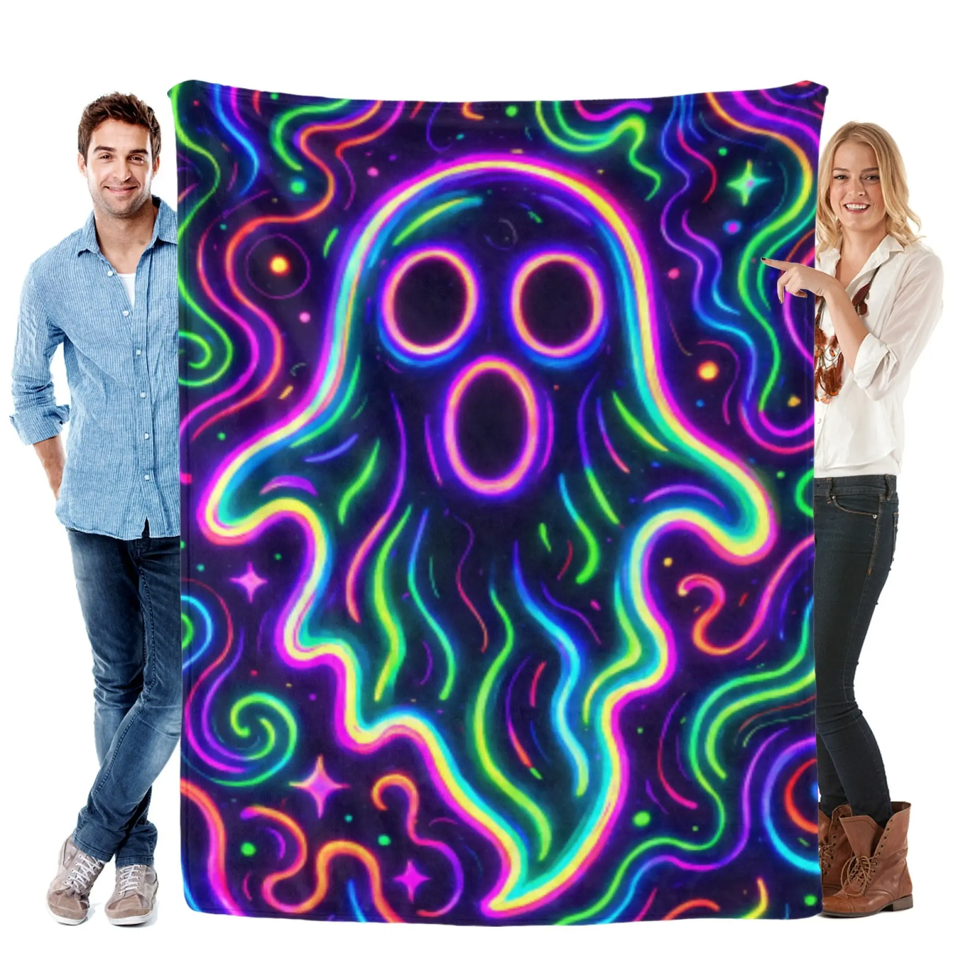 Acid Neon Ghost Flannel Blanket, Rainbow Glowing Fluid Psychedelic Ghost Print, Soft Warm Cozy Plush Throw, Perfect for Teen Bedroom Dorm Party Decor, Ideal Y2K Rave Aesthetic Gift for Halloween Lovers