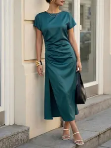 Women's Solid Color Slit Design Elegance Evening Party Drop Shoulder Long Dress, Stylish and Chic, Perfect for Special Occasions
