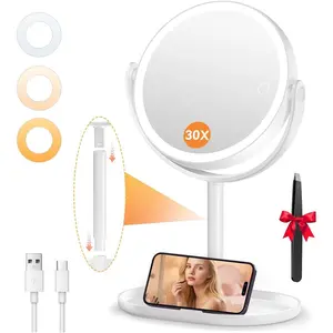 Makeup Mirror with Lights, Double Sided 30X/1X Magnifying Mirror with Light, 3 Color Stepless Dimmable with  Screen, Rechargeable 360? Free Standing  Mirrors for Bathroom, Bedroom