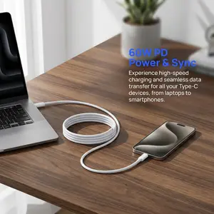 60W USB‑C to USB‑C fast charging cable, 2 m / 6.6 ft long cord, flexible TPE, reinforced connector, tangle‑free and durable Type‑C cable for iPhone 16/15, Samsung Galaxy, Pixel, iPad Pro, MacBook, Switch