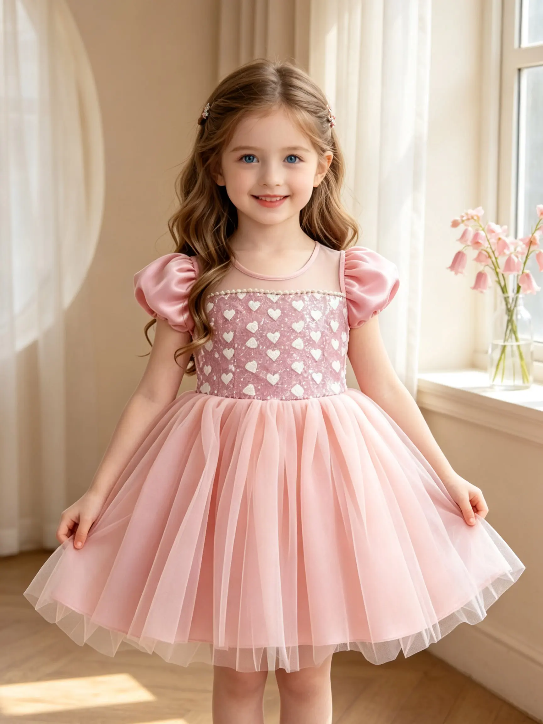 Sweet Pink Heart Sequined Bodice Puff Sleeve A-Line Multi-Layer Tulle Princess Dress for Toddler Girls Birthday Party Pageant Wedding Guest Holiday Photo Prop Outfit