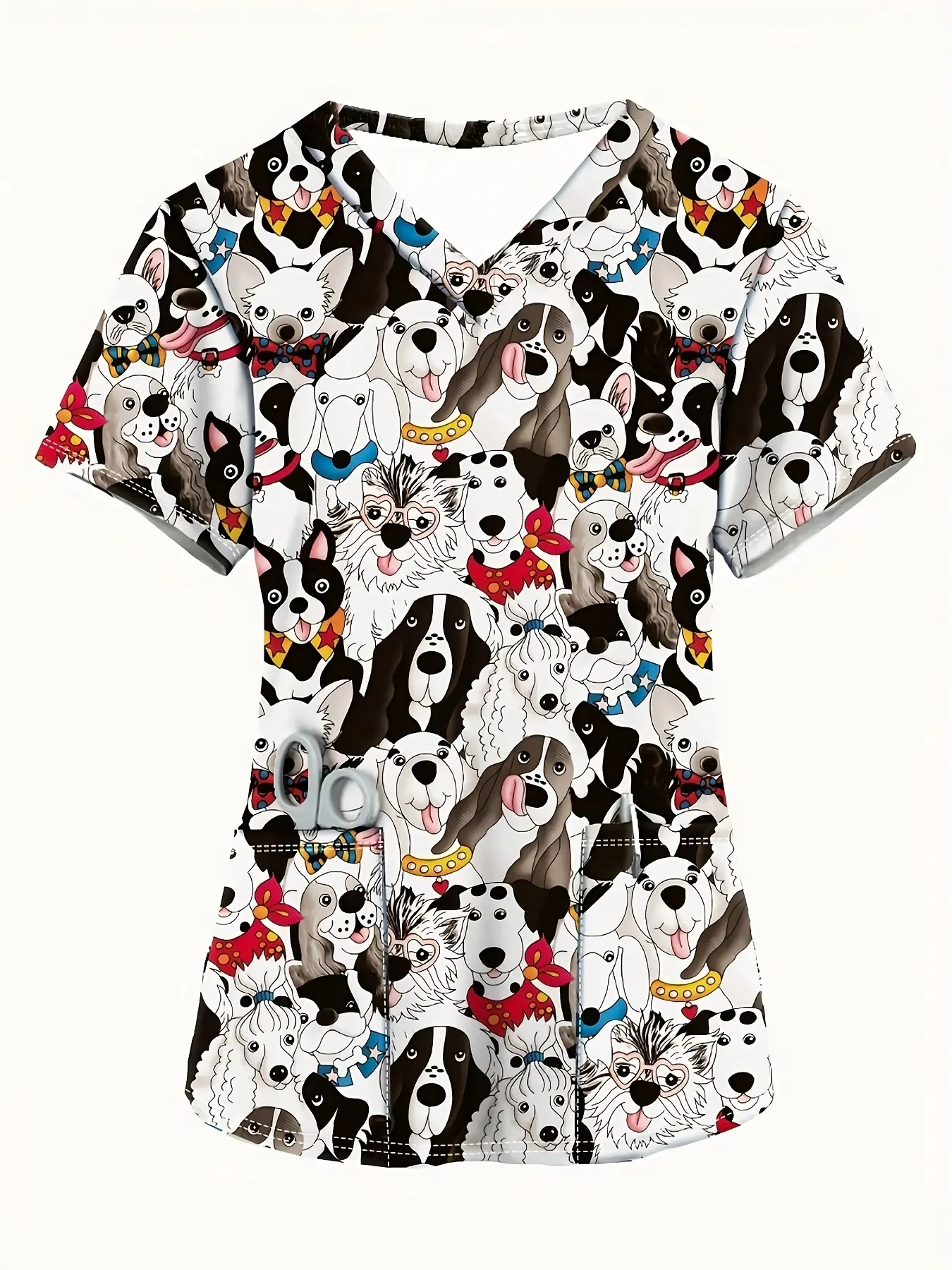Women's Cute Cartoon Dog Print V-Neck Short Sleeve Top - Breathable Summer Shirt with Pockets, Machine Washable Casual Comfort for Casual Attire, Dog Tshirt, Pet Lover Apparel, Smooth Texture Fabric