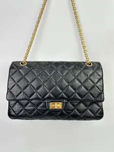 Pre-owned Chanel 2.55 Medium Black Leather Chain Shoulder Bag Gold Hardware D0045