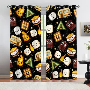 2-Piece Fun S'mores Cotton Candy Print Blackout Curtains, Camping Dessert Theme, High-Blocking Fabric, Style Bedroom Drapes