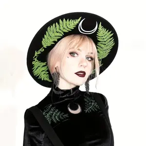 Y2K Retro Gothic Witch Hat, Printed Polyester Felt, Intricate Pentagram & Lace Trim, Lightweight & Hand Washable, Perfect for Halloween, Party Event Props