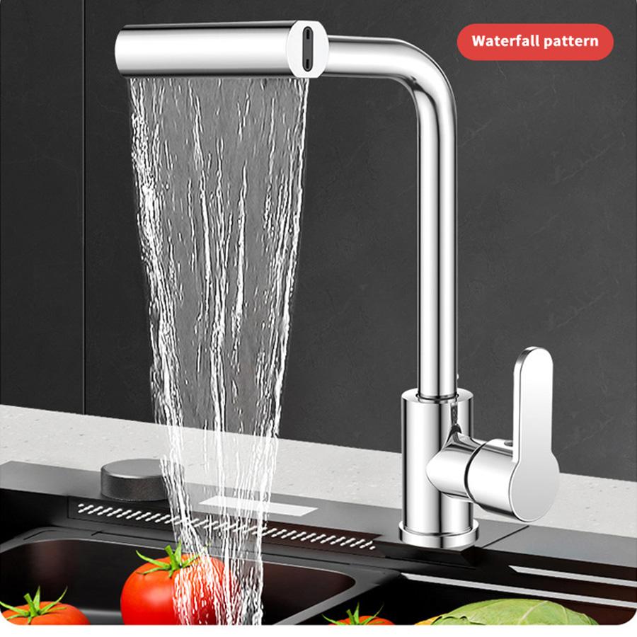 Stainless Steel Kitchen Faucet with Waterfall Feature - Multi-Function, Hot & Cold Water, Rotatable Spray Head with Inlet Pipe Included, Kitchen Water Faucet