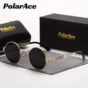 PolarAce, Vintage Steampunk Round Metal Frame Polarized Sunglasses, With Unique Hollow Temples, For Men Women Outdoor Sports Party Vacation Travel Driving Fishing Supplies Photo Props