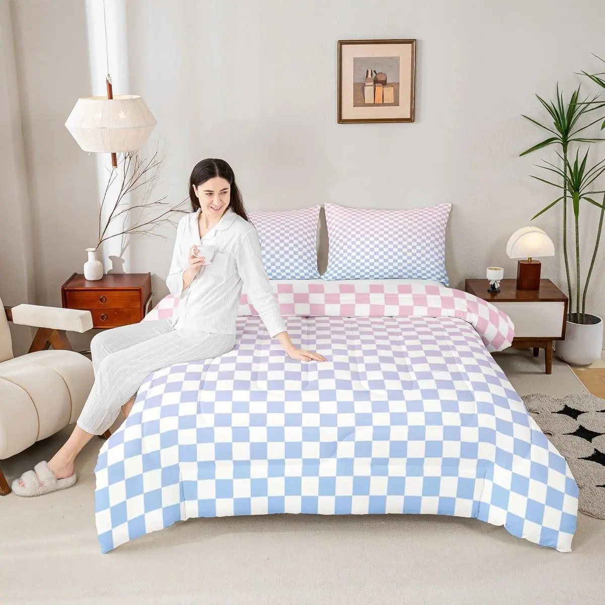 Gradient Grids Plaids Comforter Set,Geometric Checkered Buffalo Bedding Set,Abstract Checkerboard Pink Purple Blue Squares Comforter