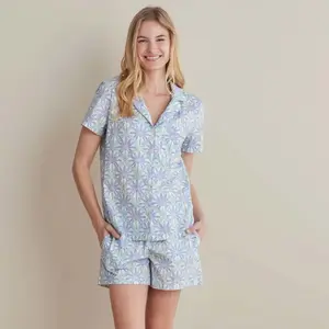 Printed Poplin Women's Shorts Set - Blue Palm T