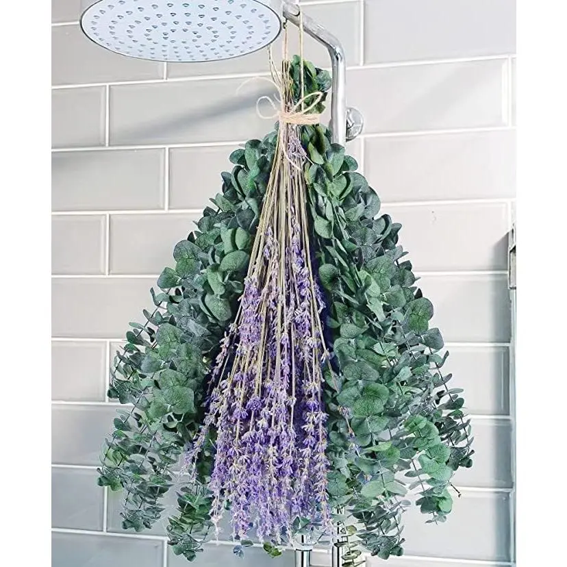 115 Pcs Eucalyptus Stems & Lavenders Flowers Bundles for Shower, 17'' Upgrade Hanging Shower Plant, Natural Real Eucalyptus Leaves Lavenders Stems with Chrysanthemums, Fragrant Bathroom Decor