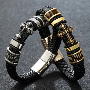 PU Leather Braided Cross Bracelet Men's Vintage Rope Boho Style Adjustable Bangle Jewelry Classic Interweaving Eternal Style Trendy Fashionable Accessories Trendy Jewellery Accessories