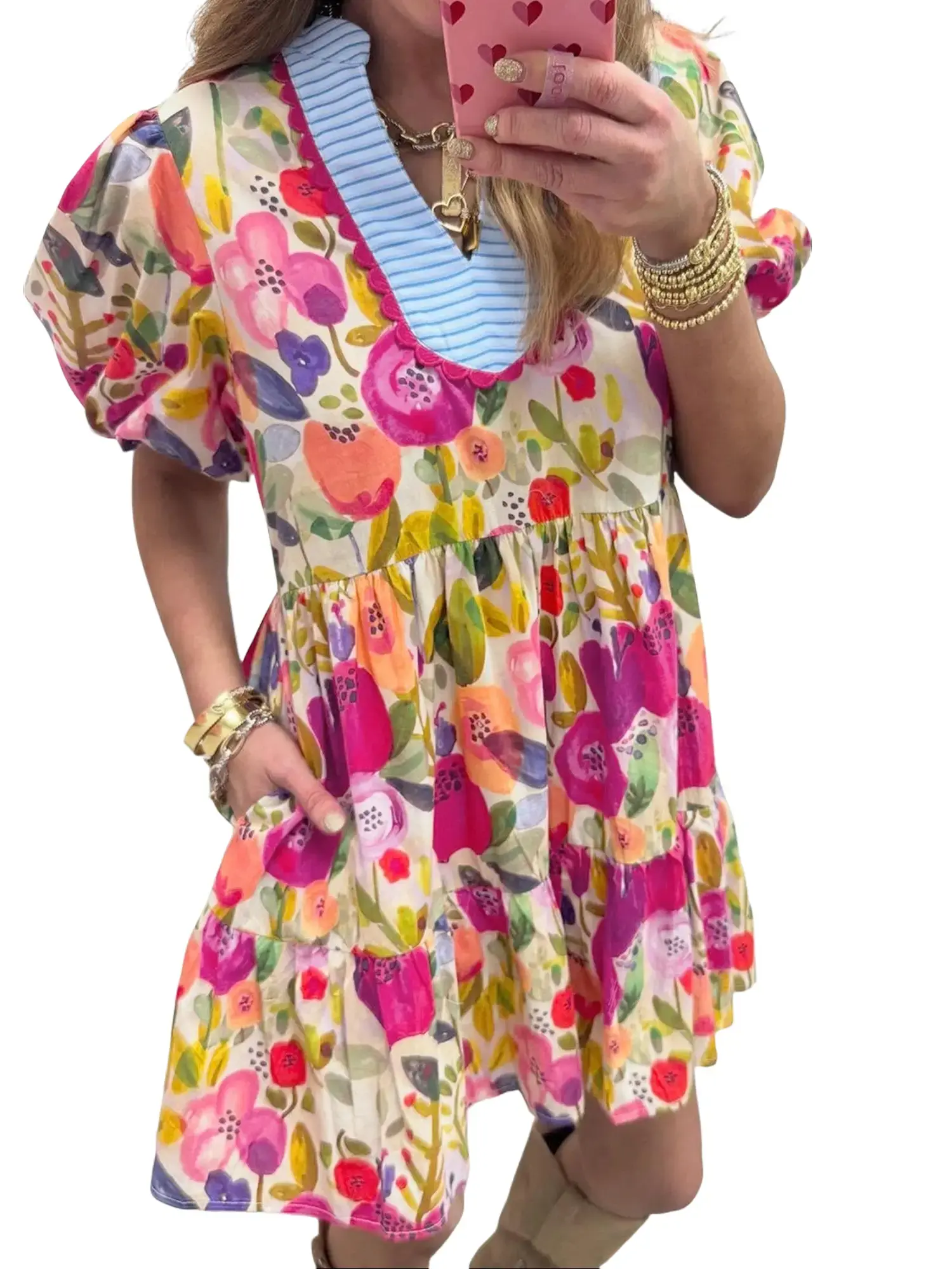 Women's Floral Print Mini Dress with Ricrac Trim, Puff Sleeve Striped Patchwork V-Neck Dress, Casual Tiered Babydoll Summer Dress