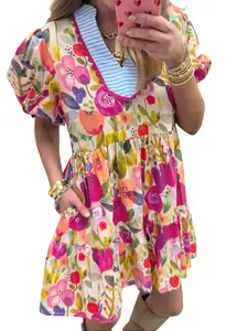 Women's Floral Print Mini Dress with Ricrac Trim, Puff Sleeve Striped Patchwork V-Neck Dress, Casual Tiered Babydoll Summer Dress