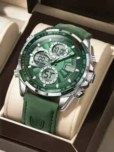 Men's Electronic Watch, Multifunctional Digital Watch, Luminous Scale, 30m Waterproof, Alarm Date Calendar, Leather Strap, Stainless Steel Case