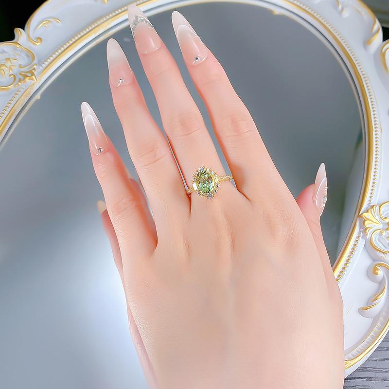 S925 Silver-18K Gold Plated Green Oval Tourmaline Ring (7x9mm) with Zircon Accents, Light Luxury Fashion Jewelry, Ideal Graduation or Birthday Gift