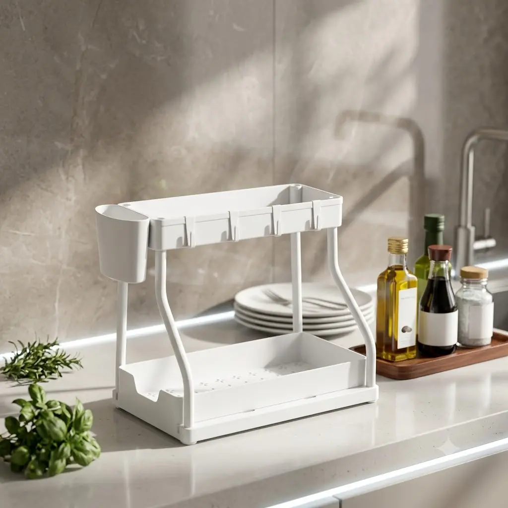 2 Tier Kitchen Countertop Organizer Rack with Hanging Hooks & Utensil Holder White Plastic Spice Rack Bathroom Counter Organization Storage Shelf Countertop Caddy Desk Shelf Space Saver