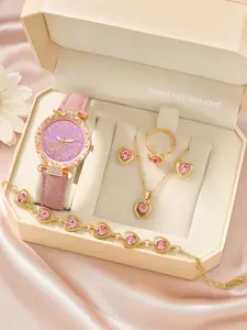 Women's Fashionable Quartz Watch & 5pcs Heart Jewelry Set with Leather Strap Elegant Waterproof Diamond Four-Leaf Clover Gift Gold Plated Square Accessories for Women