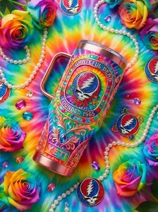 Grateful Dead Stainless Steel Tumbler with Handle, Psychedelic Skull Travel Cup, Ideal Gift for Grateful Dead Fans