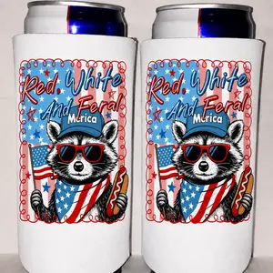 Red White And Feral Can Cooler, Patriotic Raccoon Slim Koozie, Funny 4th of July Drink Sleeve, USA Party Beverage Holder, America Gift