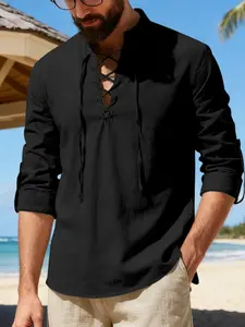 Men's Spring ＆ Summer Outfits Linen Top Long Sleeve T-Shirt for Daliy Wear, Breathable Soft Classic Trendy Plain Design, Casual Daily Wear, Essential Men's Clothing, Tropical