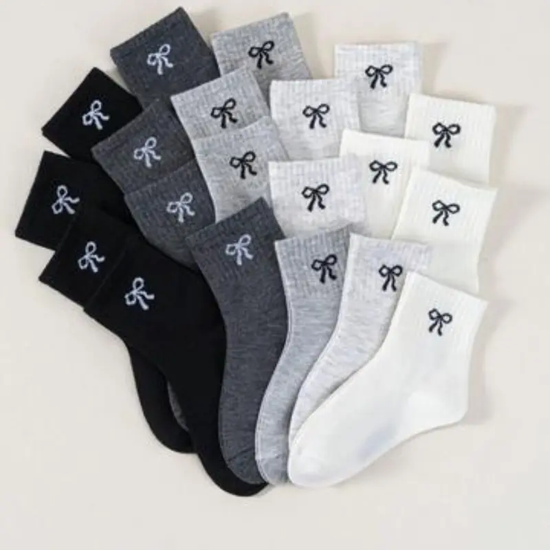 10/20 Pairs Kids Socks, Bow Pattern, Medium Calf, Student Socks, Knitted Socks, Casual Comfy Socks, All Seasons, Comfortable Soft Breathable
