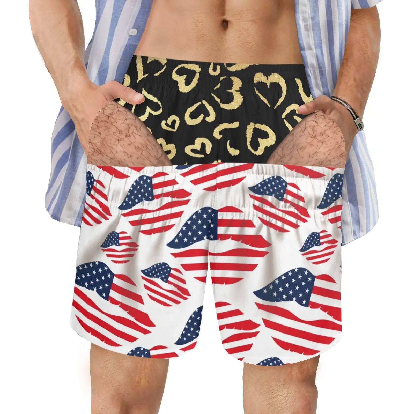 Men Funny Optical Illusion Swim Trunks, USA Flag Lips Print Patriotic Board Shorts With Pockets, Elastic Drawstring Waist Stretch Beach Shorts for Party, Car Road Trip Tailgate,Hilarious Gag Gift For Men, Summer Shorts, Show Unique Vibe At Pool & Beach