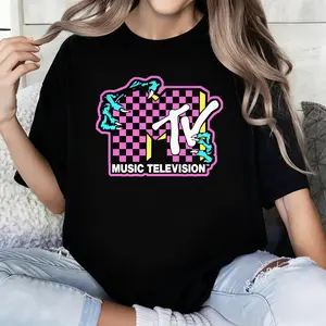 100 Percent Cotton Casual Fashion T-Shirt MTV Checkered Monster Hand Logo Graphic T-shirt, Music Television MTV Logo Tee, Classic MTV Logo T-shirt, Disneyland Family Matching Shirts