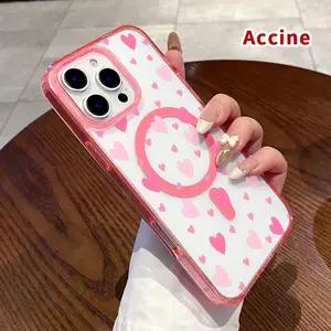 Magnetic Phone Case for iPhone 16 Pro Max 15 Plus 14 13 12 11 XR XS E Hearts in Flurry Pattern Supports Wireless ChargingShockproof Durable ultra-thin Crystal Transparent Protective Cover