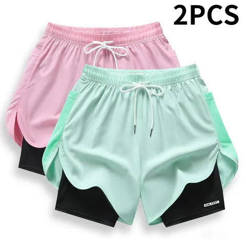 Women's Fitted 2-Piece Everyday Active Athletic Set - Solid-Color Faux Double-Layer Drip Dry Moisture-Wicking Breathable Fabric, Side Mesh Pockets, Includes Plain Pocket Women's Sports Shorts (Sports & Outdoor Clothing)